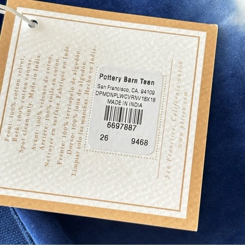 New POTTERY BARN TEEN Blue White Dip Dyed Velvet Square Pillow Cover 18” X 18”